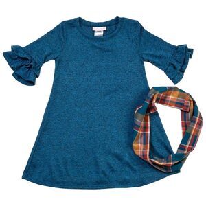 Big Girls Knit Dress with Double Bell Sleeves and Matching Scarf Set - Blue Size